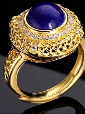 18 K Gold Plated Ring with Deep Blue Lapis Lazuli Cabochon and CZ Halo